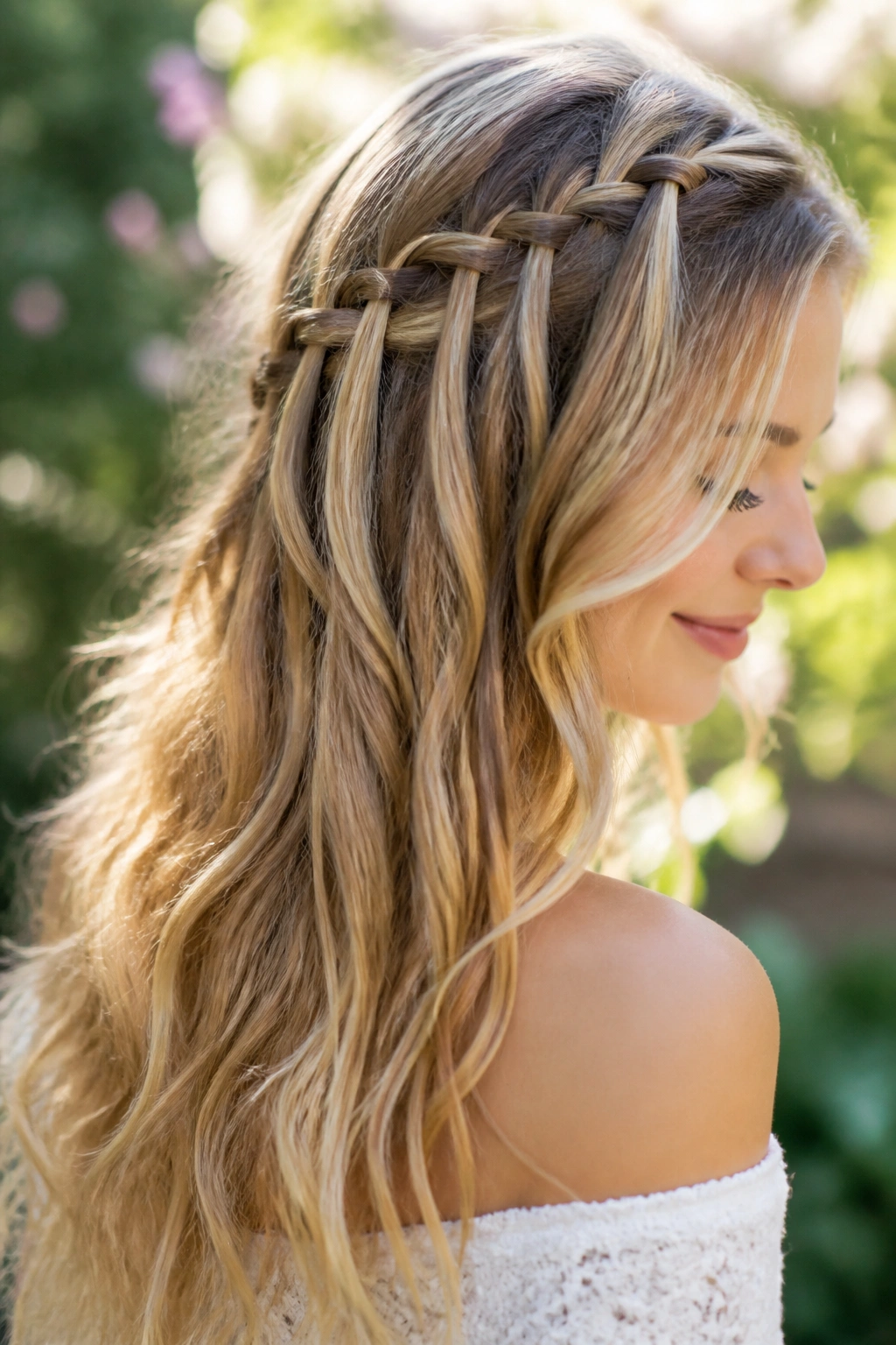 Real woman with waterfall braid and loose flowing hair in garden light