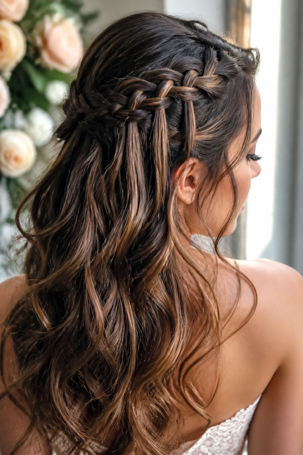 Close-up of a real woman with a waterfall braid half-up