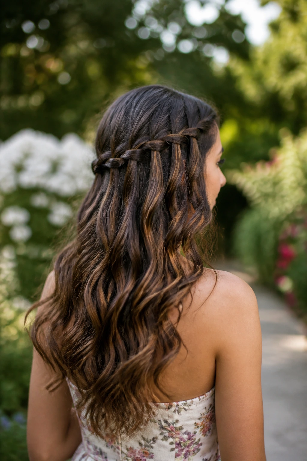 Three-quarter view of a real woman with a waterfall braid and wavy hair