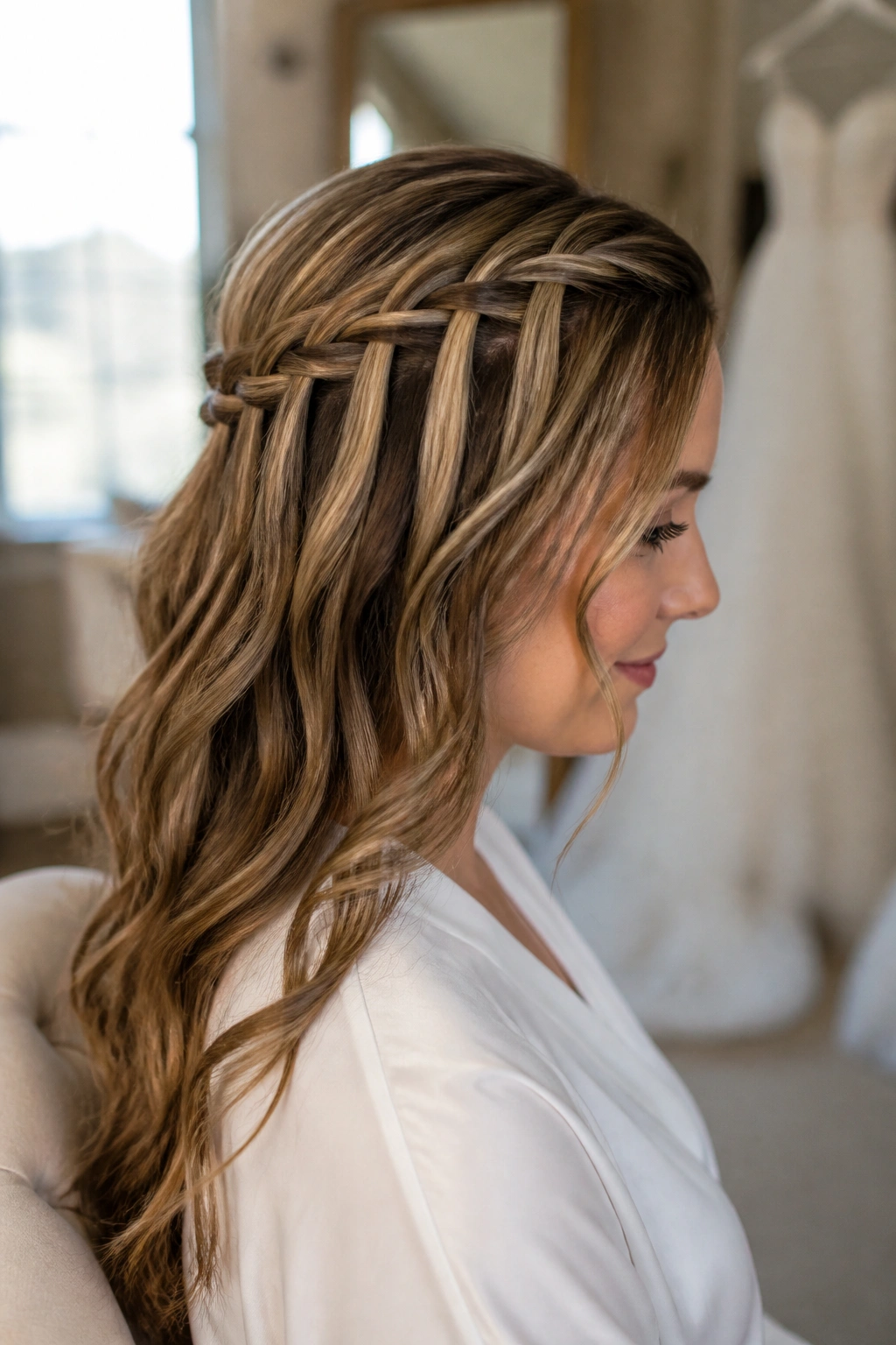Close-up of a woman with a waterfall braid half-up and soft waves beneath