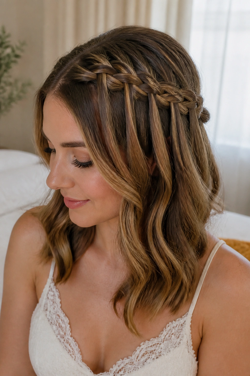 Close-up of Waterfall Braid Half Updo on a real woman.