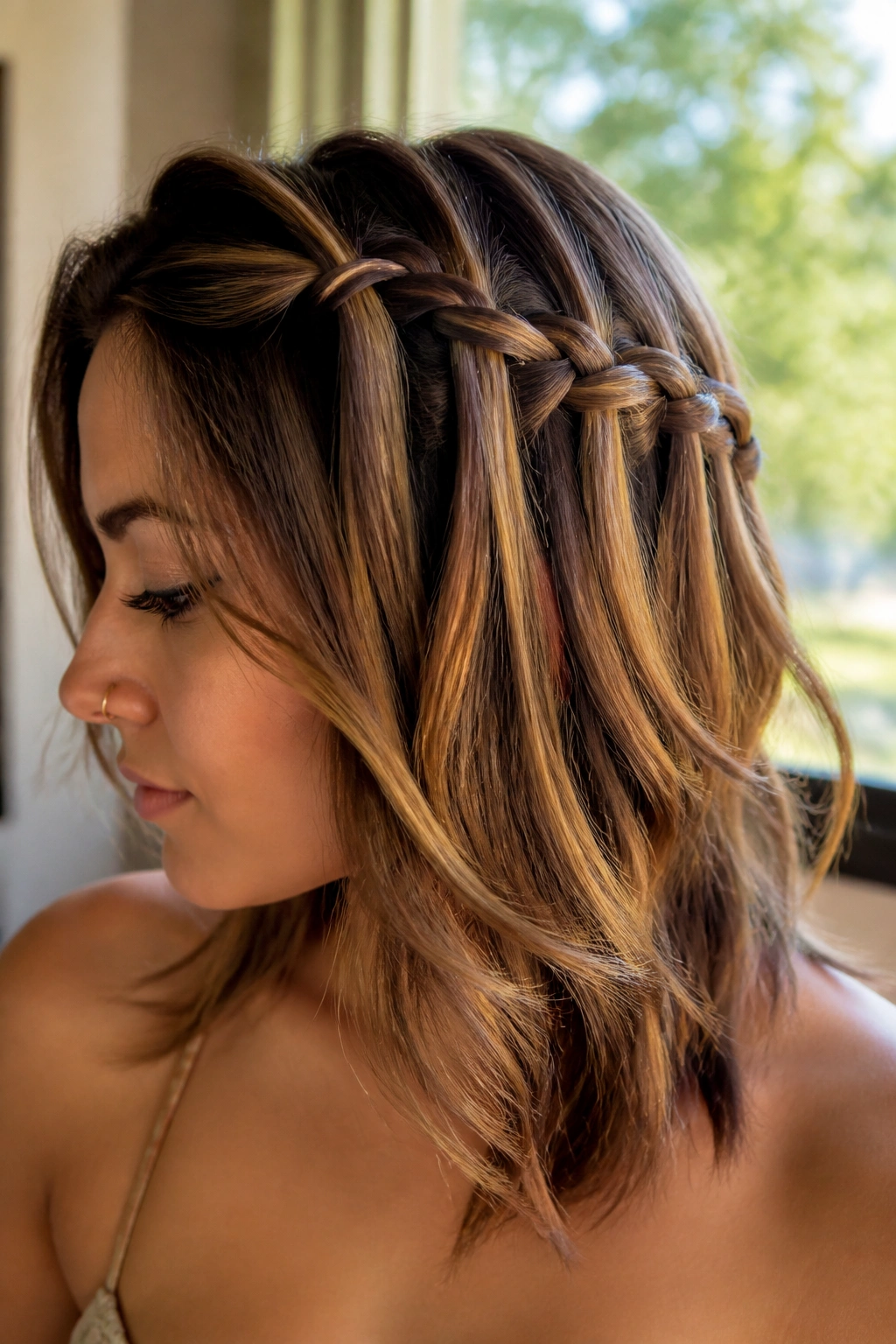 Close-up of a real person with a waterfall braid showing layered hair