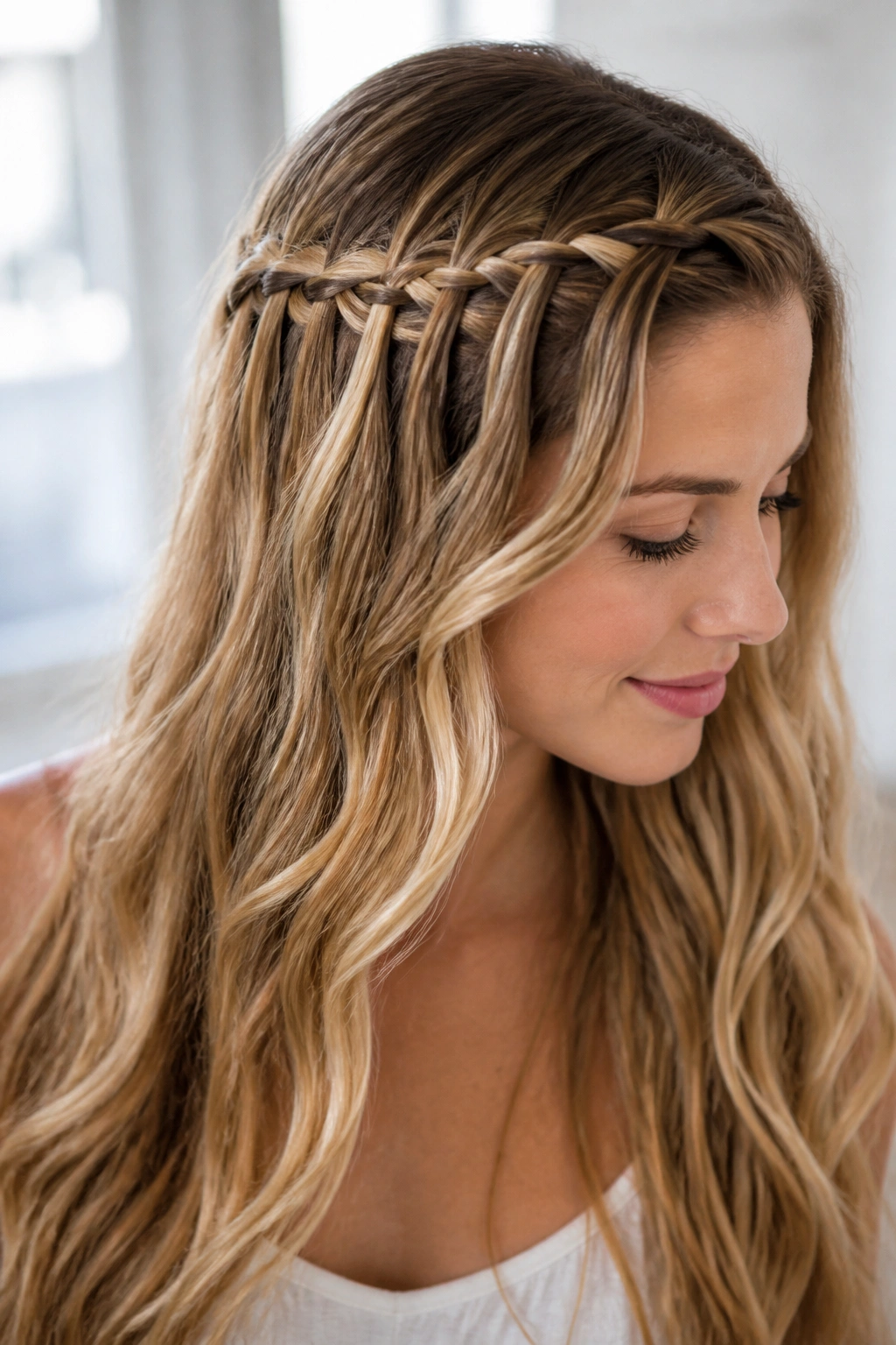 Real woman with waterfall front braid across the hairline and loose long waves
