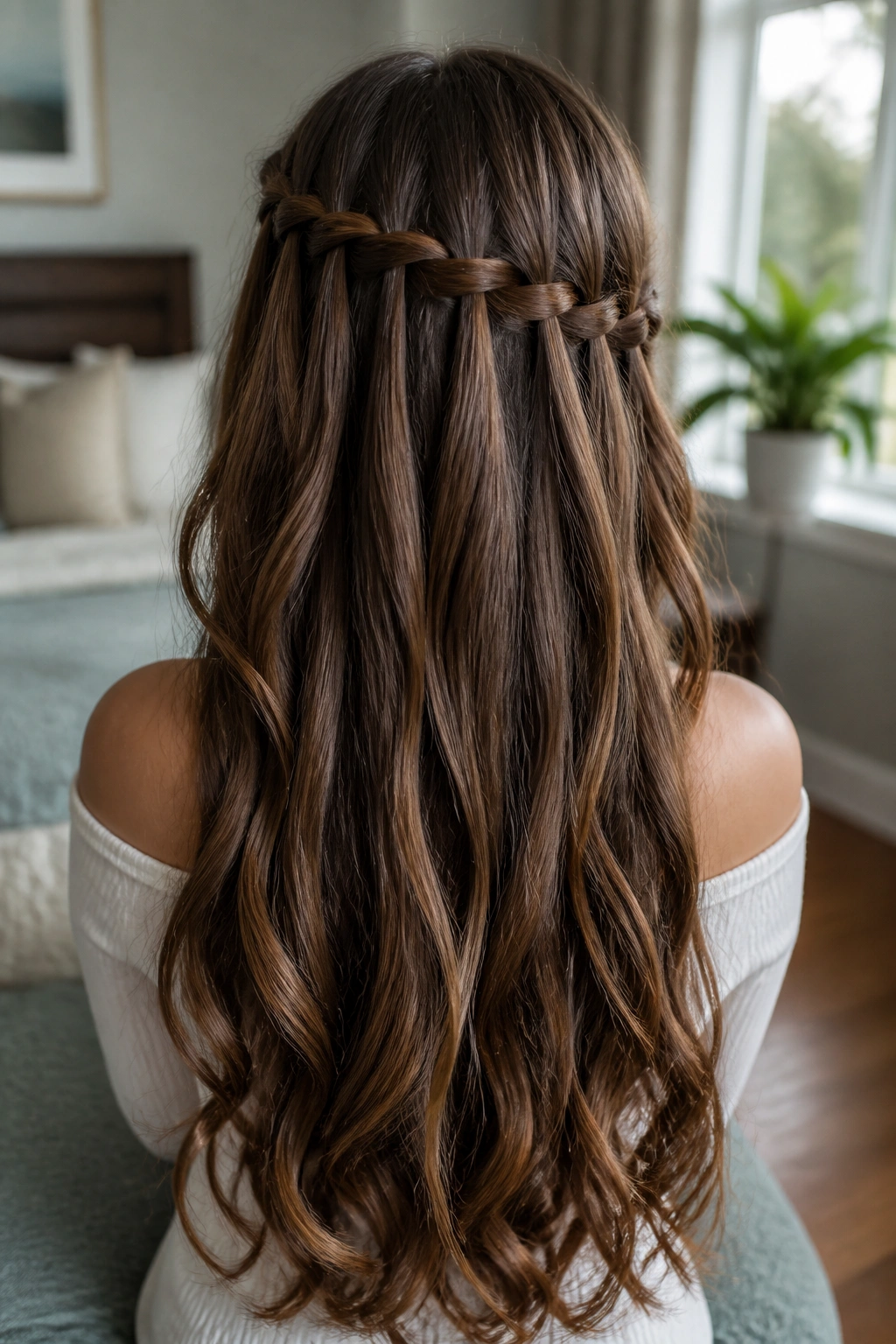 Back of head with waterfall braid and loose length underneath on a real woman