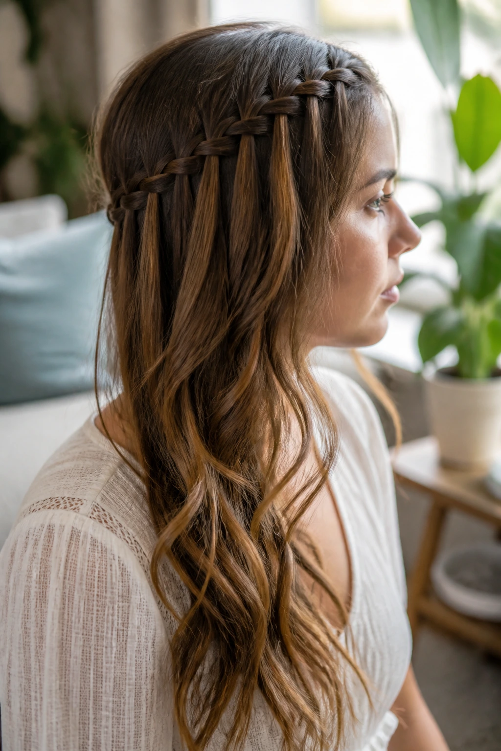 Side-view close-up of waterfall braid with loose side length on a real person, hair draped over shoulder