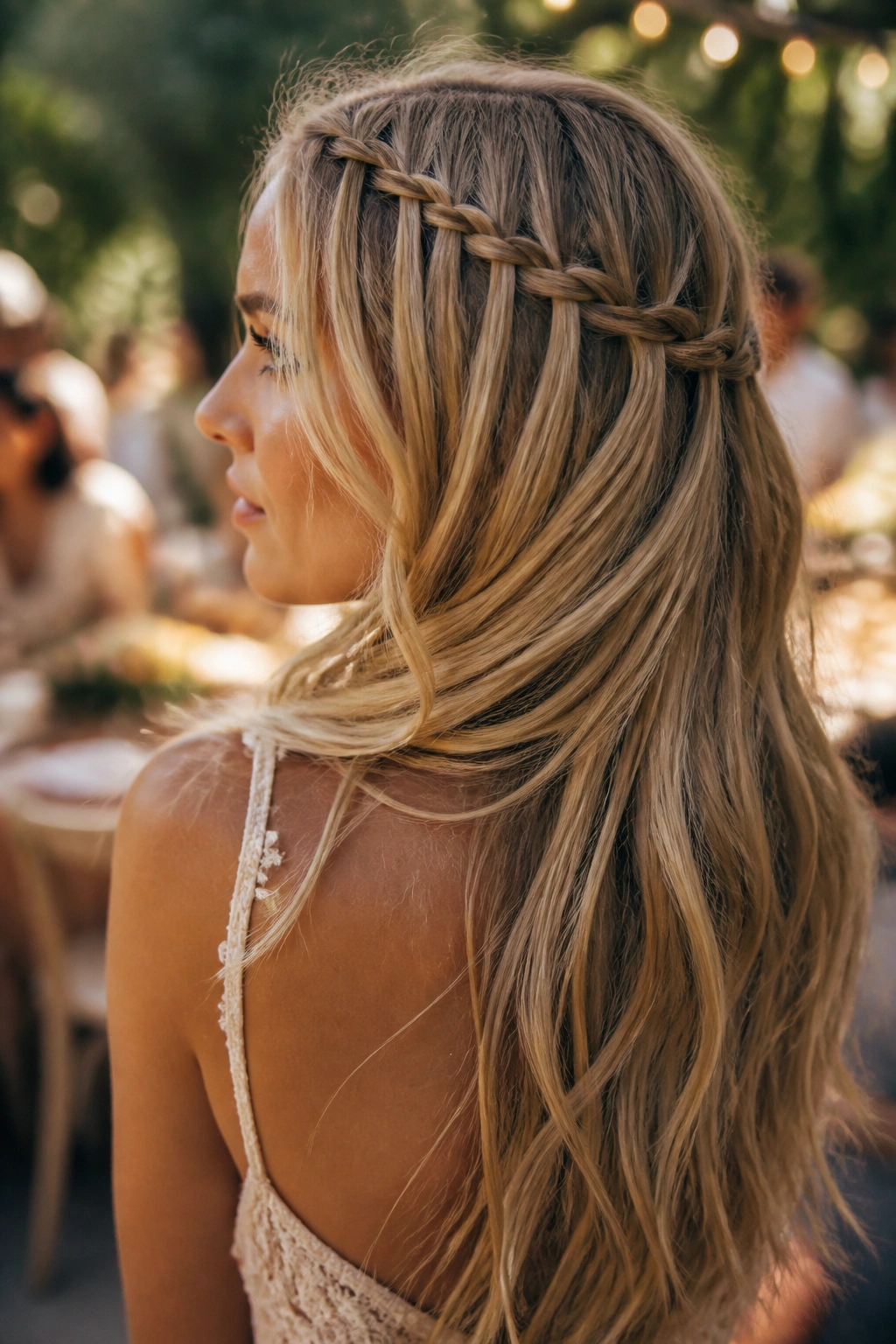Medium close-up of a woman with a half-up waterfall braid in a sunny garden.