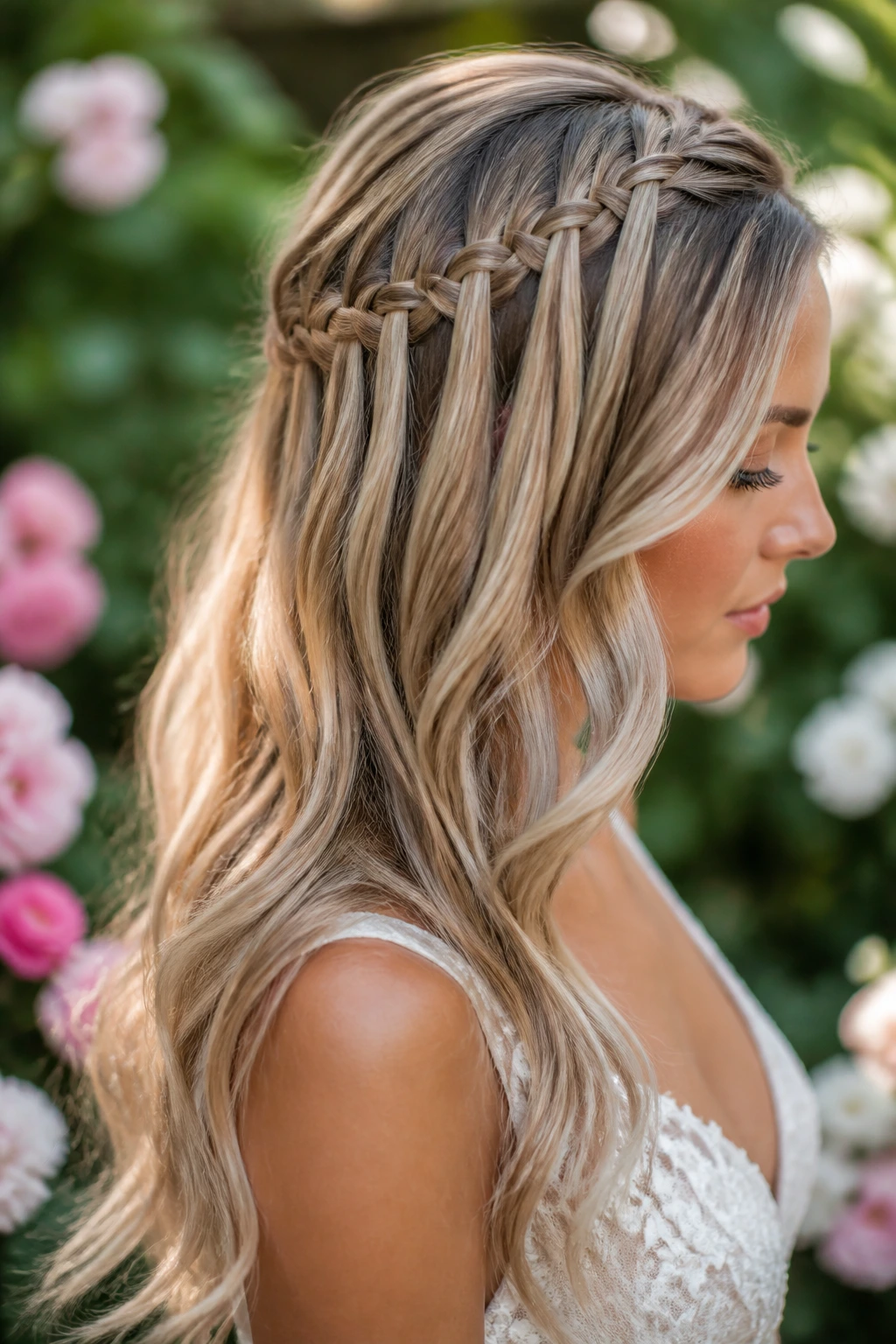 Bride with a waterfall braid and flowing long hair