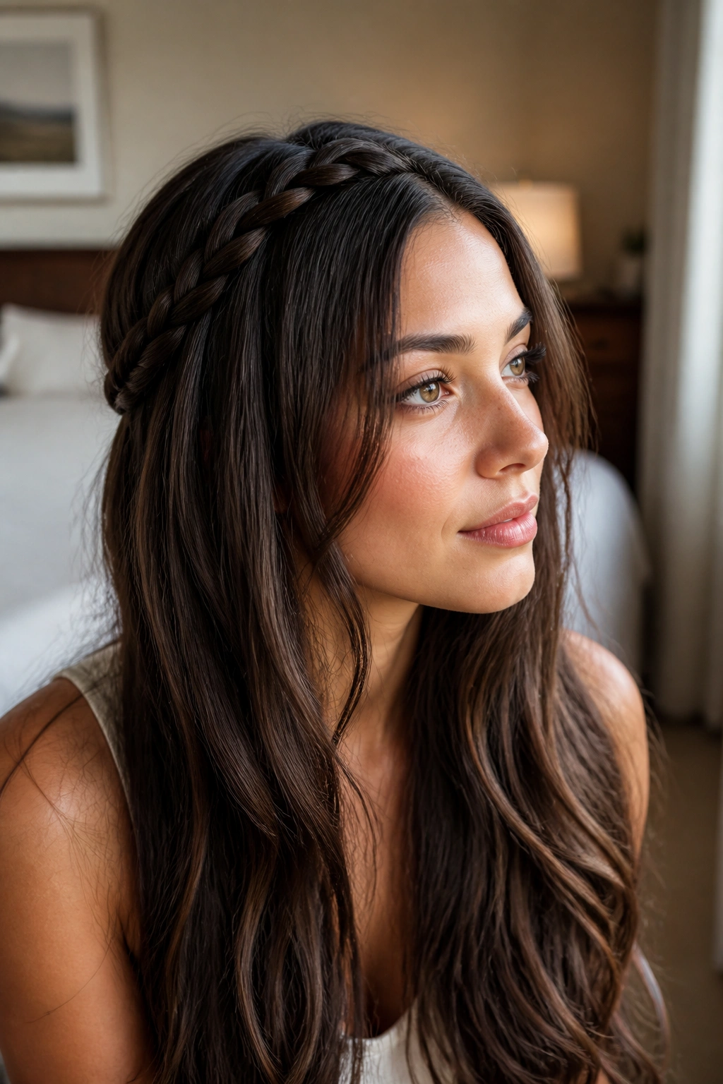 Close-up of waterfall braid with flowing ends on long thick hair