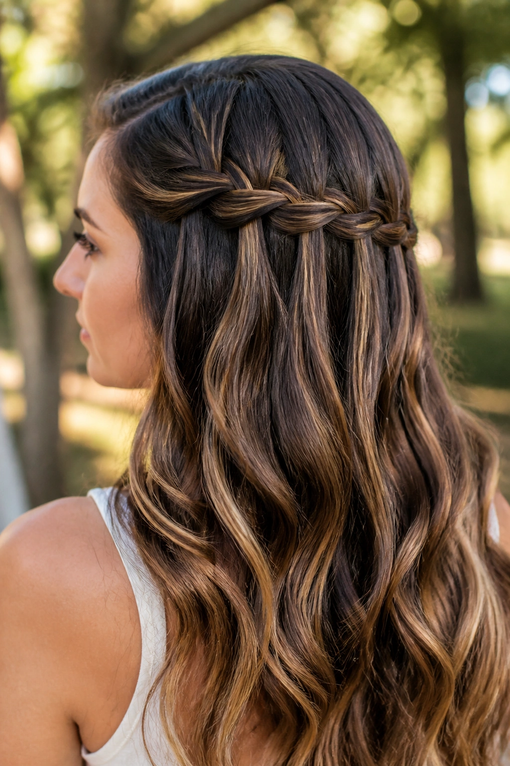 Close-up of real woman with waterfall braid and long waves in a park at golden hour