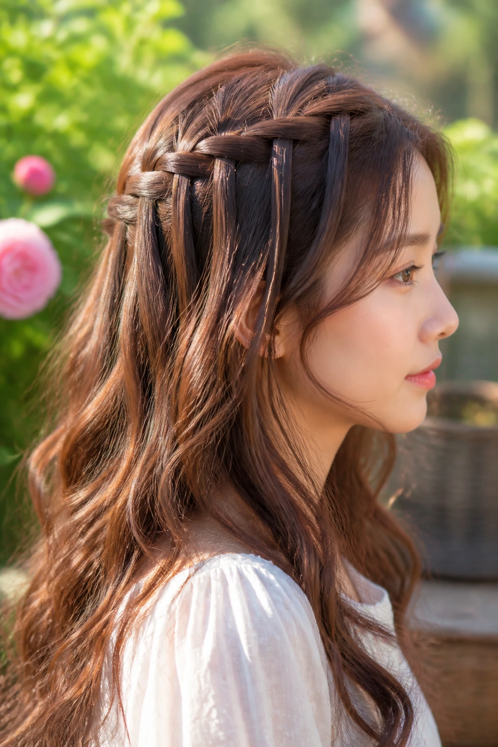 Real woman with waterfall braid and long waves in garden light
