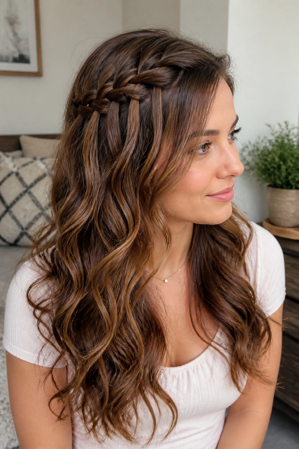 Close-up of a woman with a waterfall braid and loose curls.