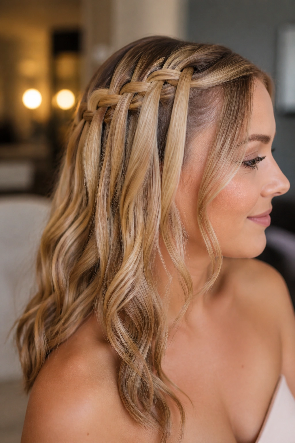 Close-up of a real woman with a waterfall braid and loose lengths around her head