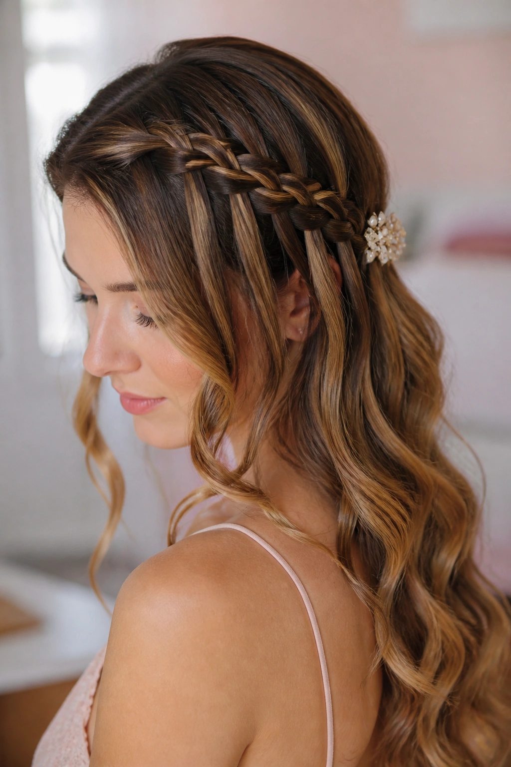 Portrait of woman with waterfall braid and loose waves