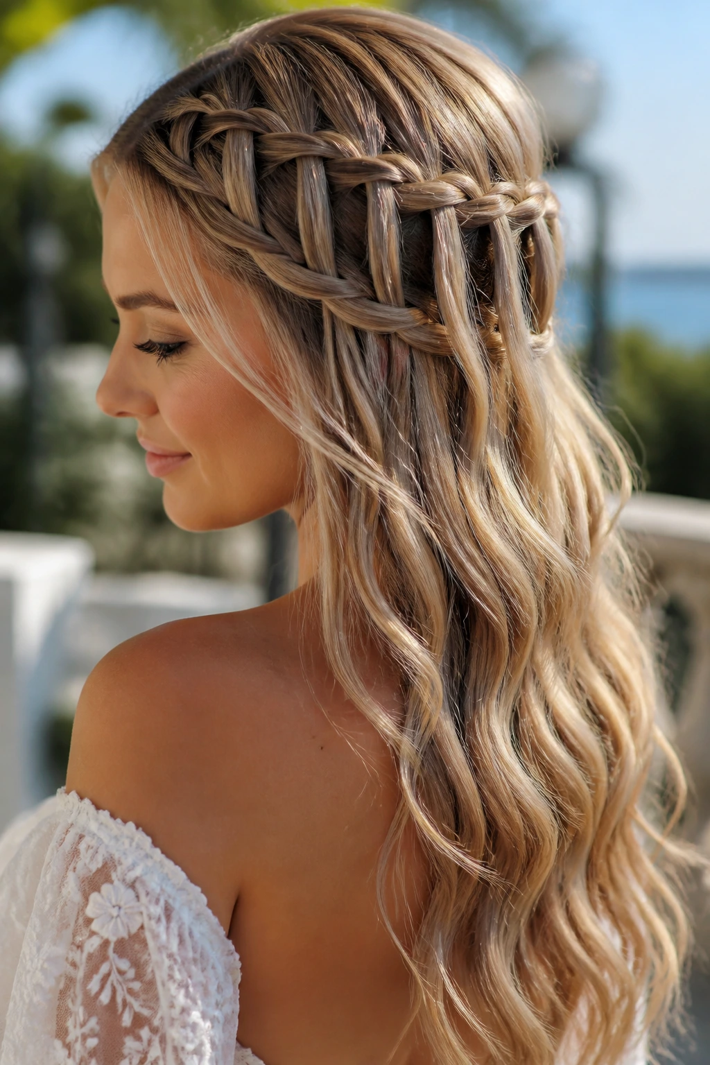 Close-up of Waterfall Braid with Loose Waves on a real bride in a sunlit garden