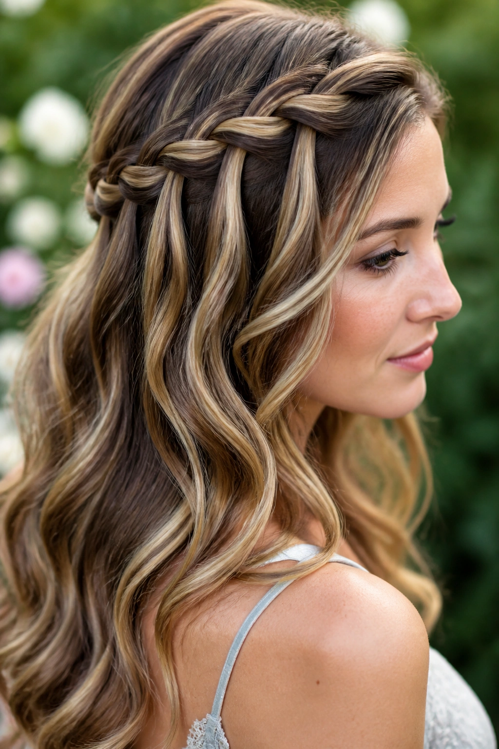 Real woman with waterfall braid transitioning into loose waves in a garden