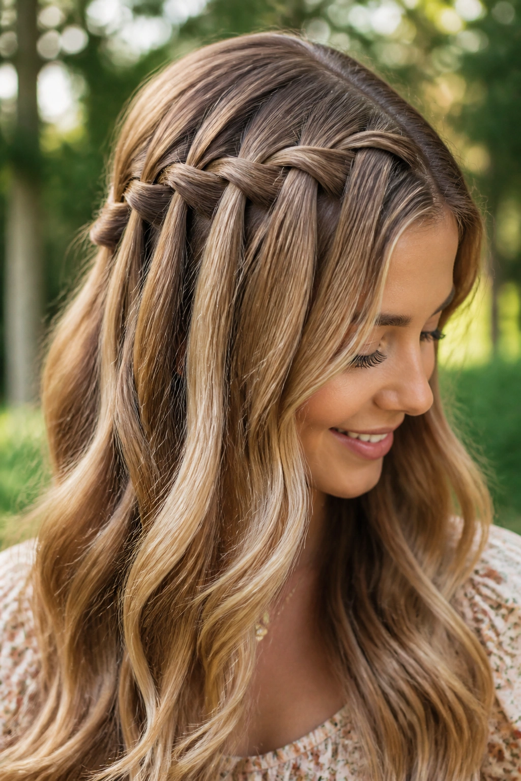 Close-up of a waterfall braid with loose waves on a real woman in a garden setting.