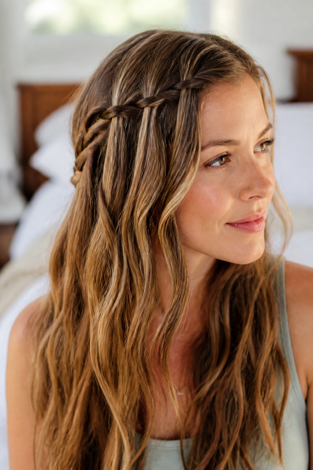 Close-up of a woman with a waterfall braid that leaves the lengths loose in a softly lit bedroom