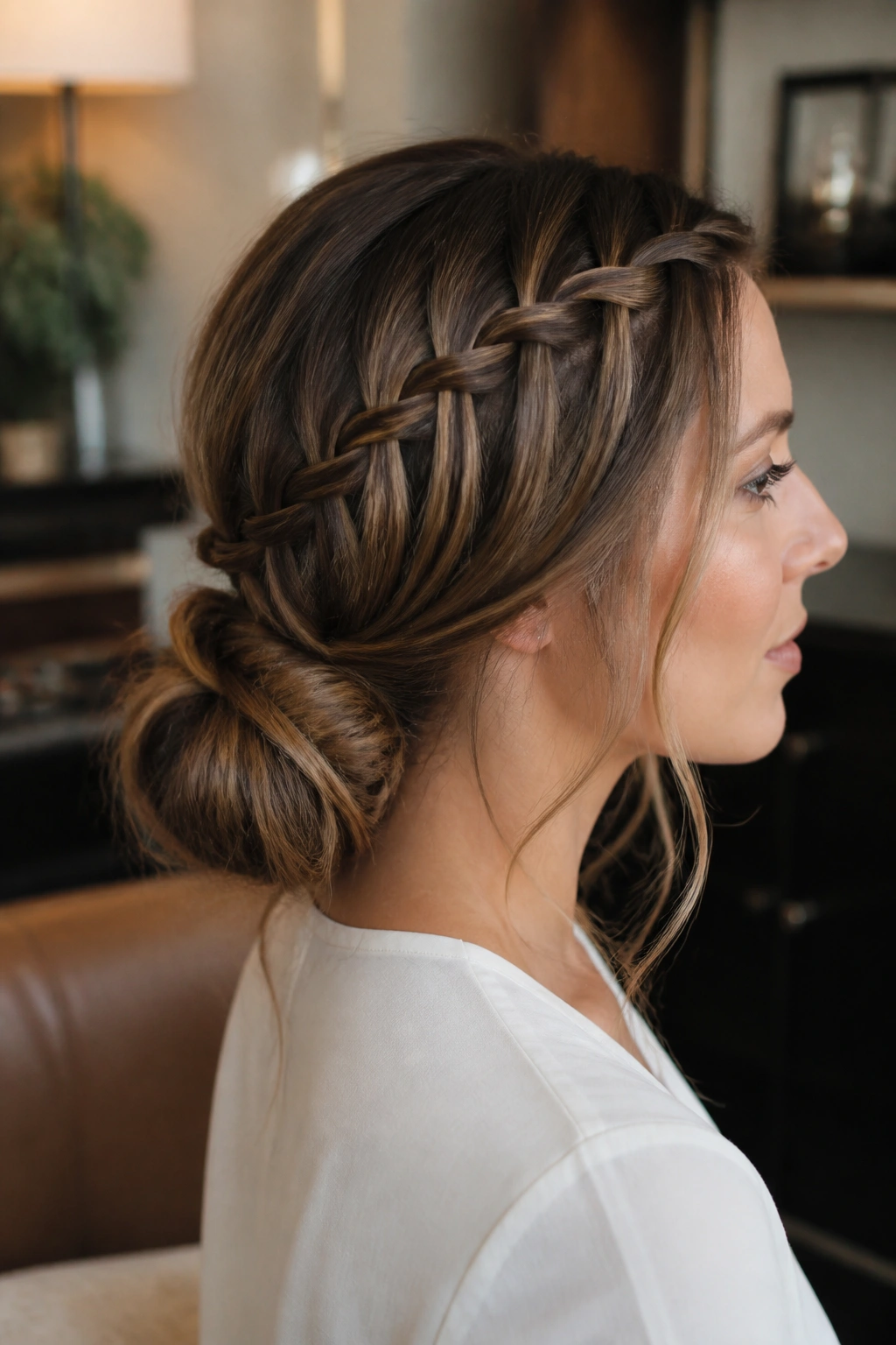 Close-up portrait of a real woman with Waterfall Braid ending in a Low Bun