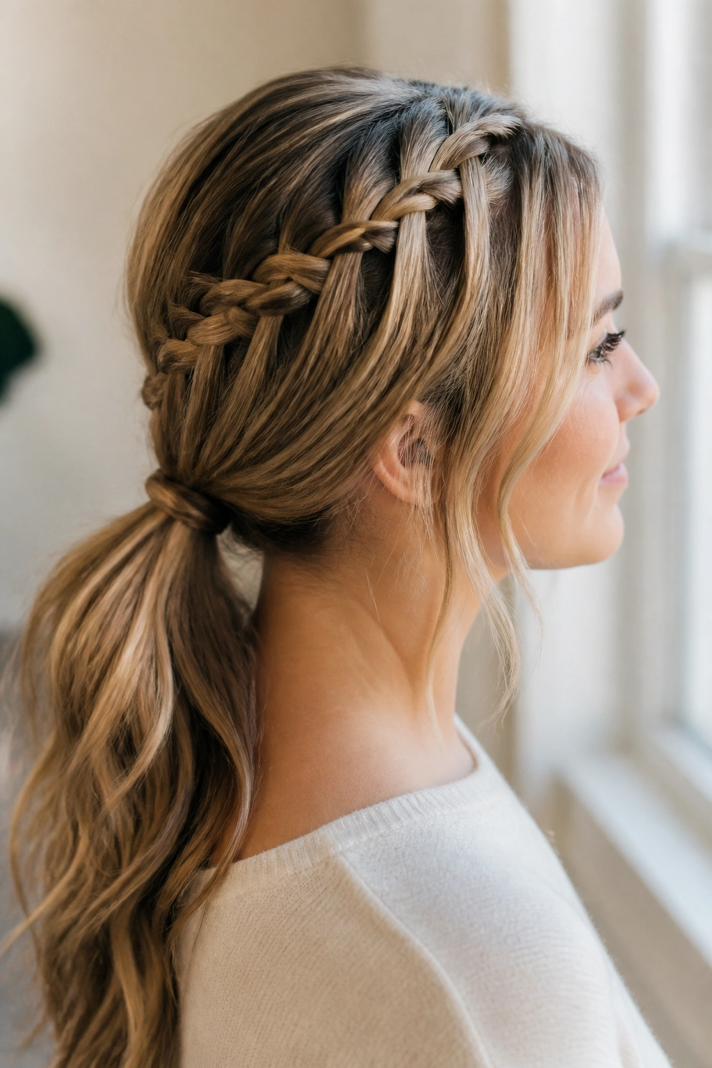 Close-up portrait of a real woman with a waterfall braid into a low ponytail