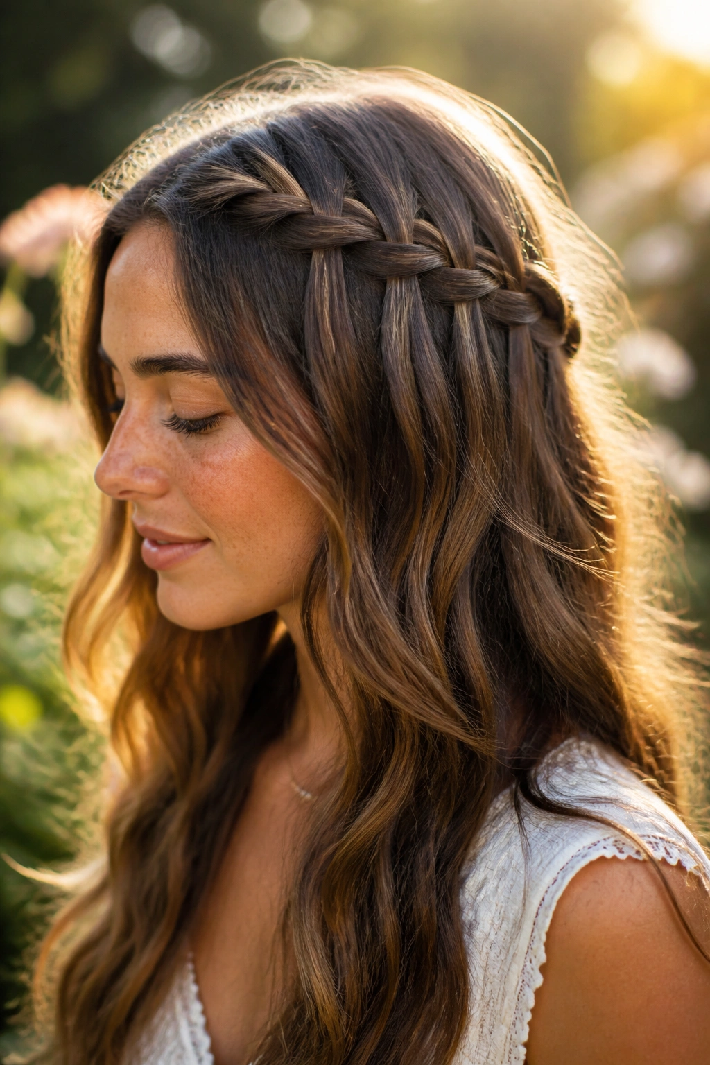 Close-up of a waterfall braid with open waves on a real woman outdoors at golden hour