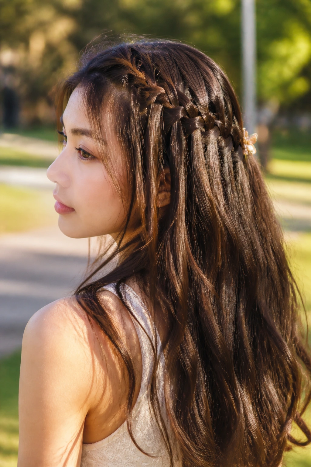 Medium close-up of a real woman with a waterfall braid in a park