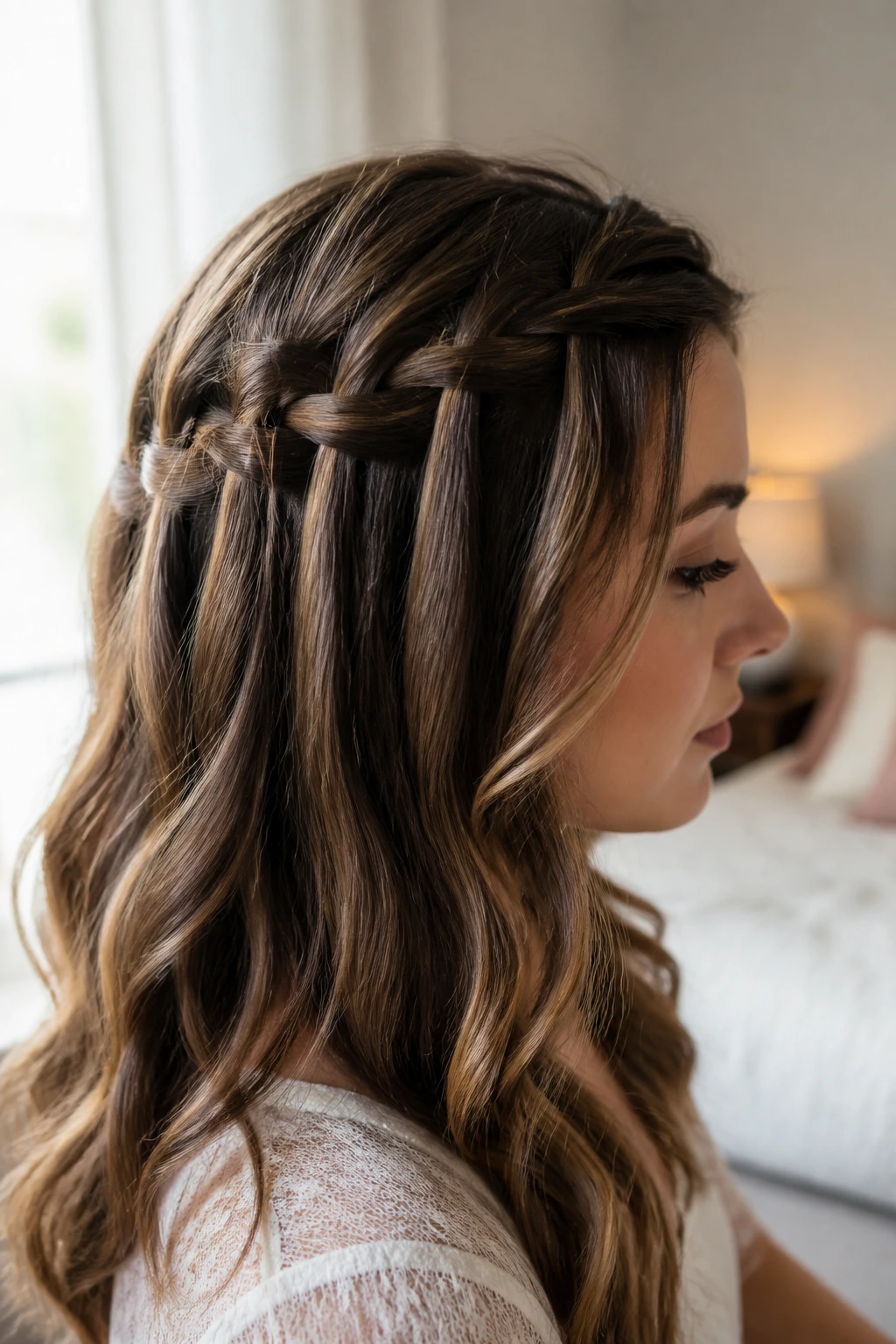 Close-up portrait of a real woman with a waterfall braid along the side of the head