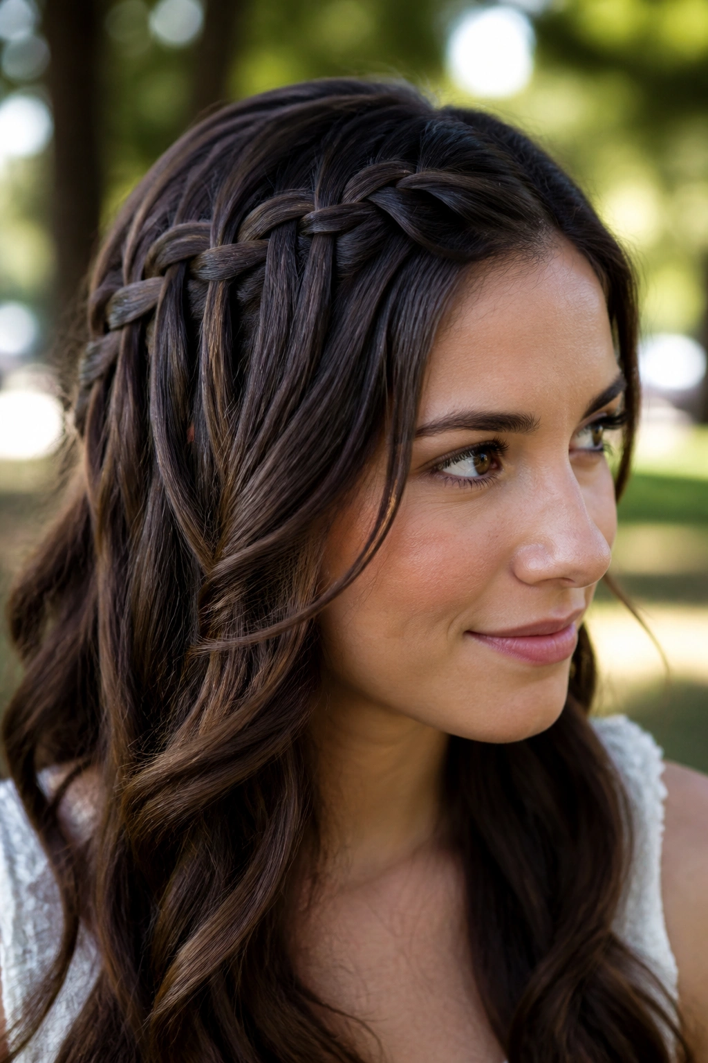 Portrait of a woman with waterfall braids and soft side volume.