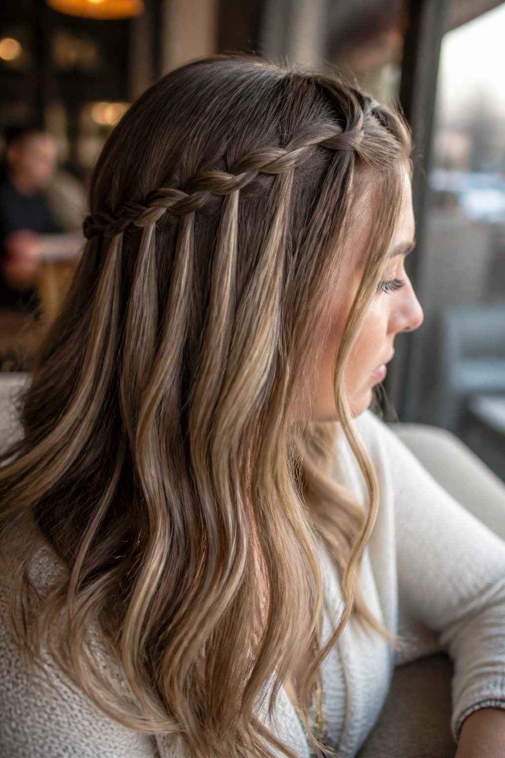 Side view of a waterfall braid with a dropped strand on a real woman at a cafe.