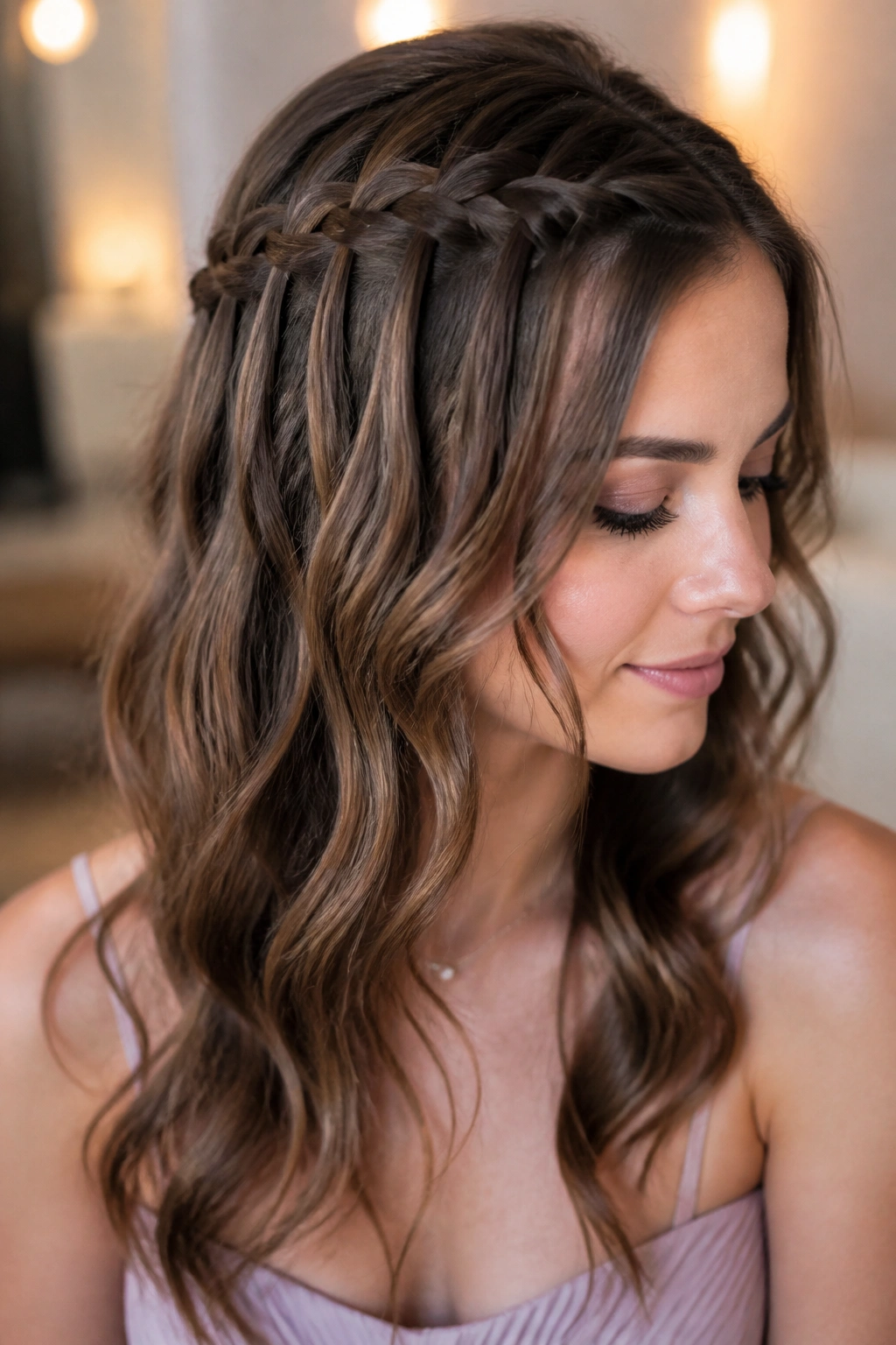 Close-up portrait of a real woman with a waterfall braid and loose lengths