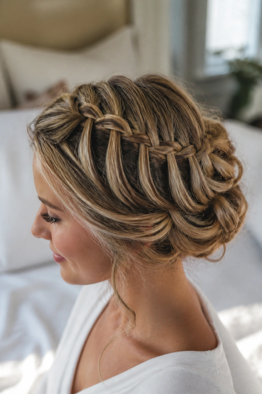 Waterfall braid rolled updo close-up on real head