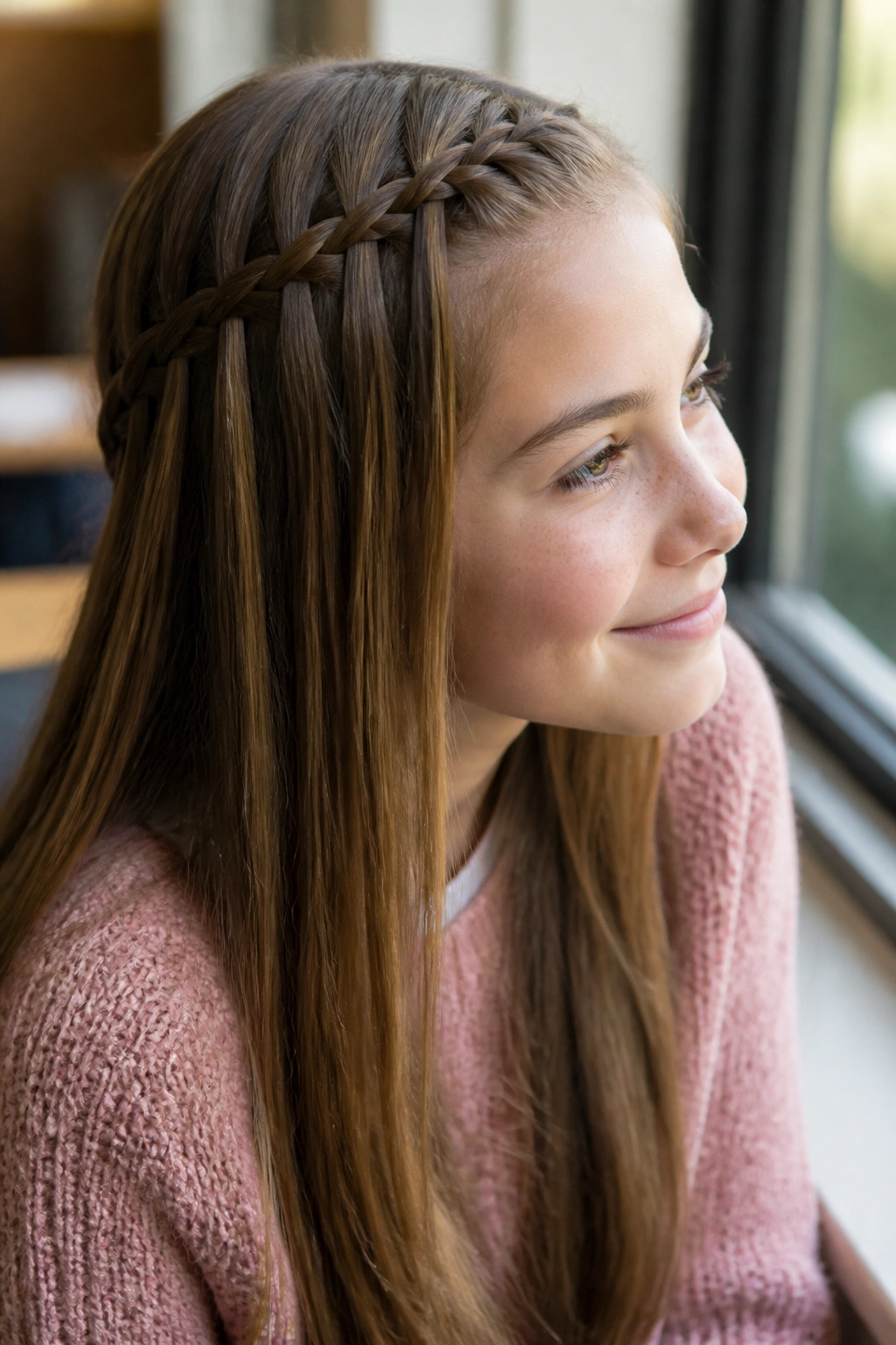 Close-up of a real student wearing a waterfall braid by the classroom window