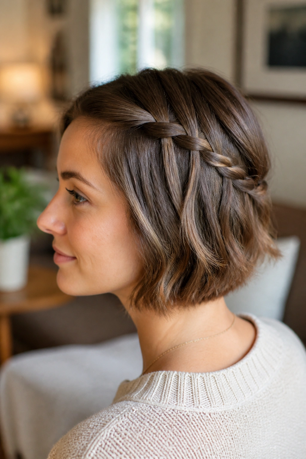 Close-up of real person with waterfall braid accent on short hair near the crown