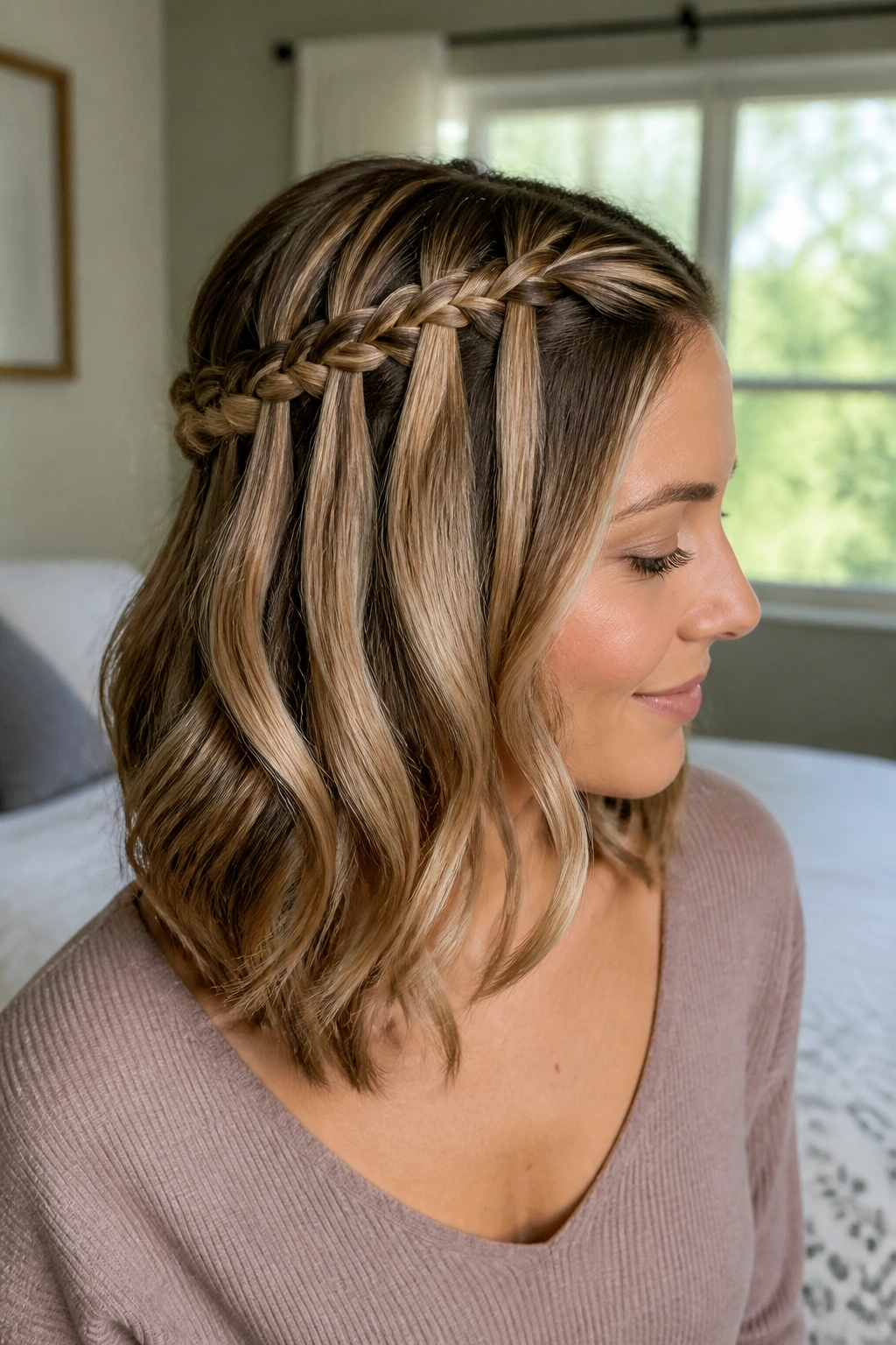 Close-up of a real woman wearing a waterfall braid with soft waves