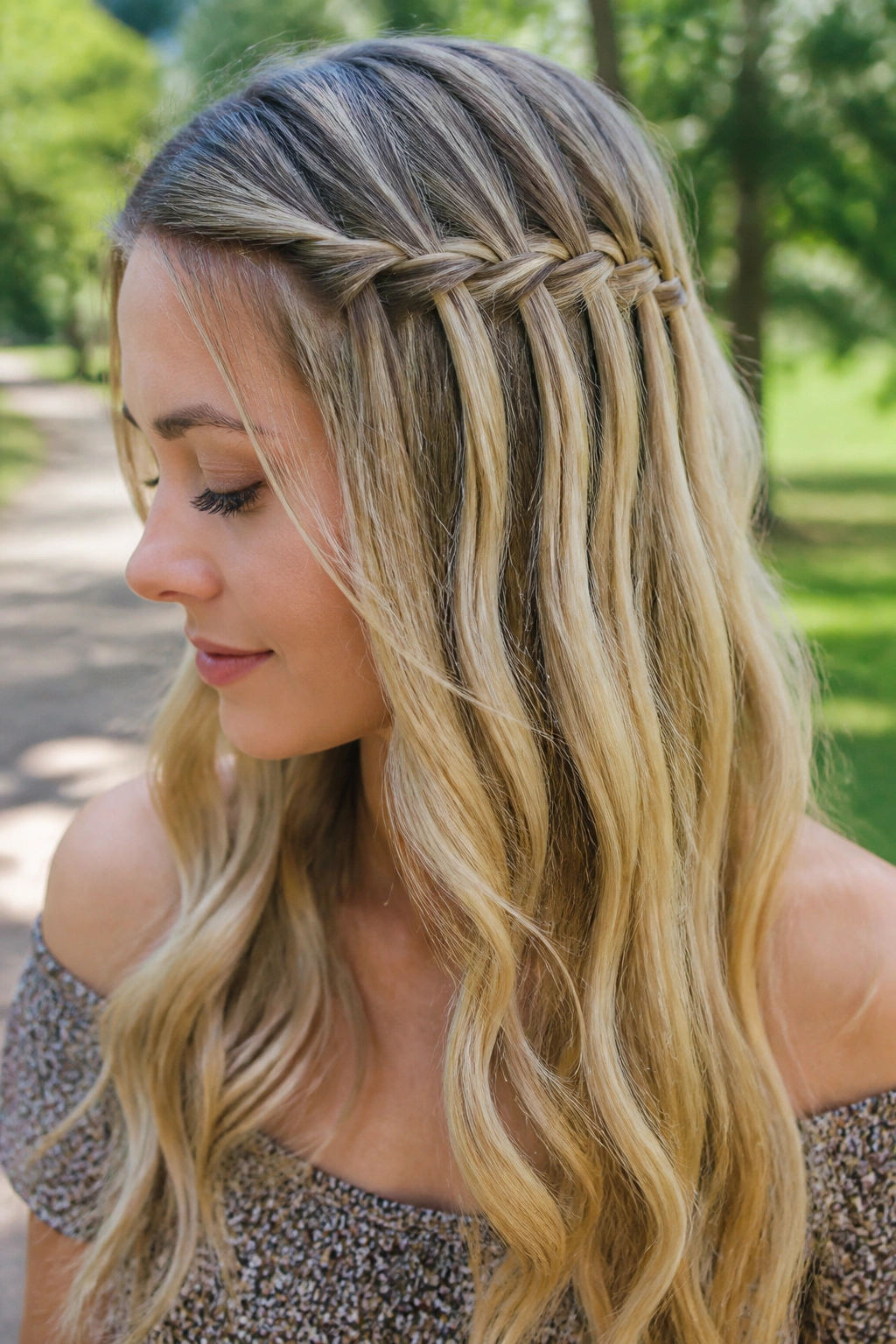 Close-up of a woman with a side waterfall braid and loose length in park daylight