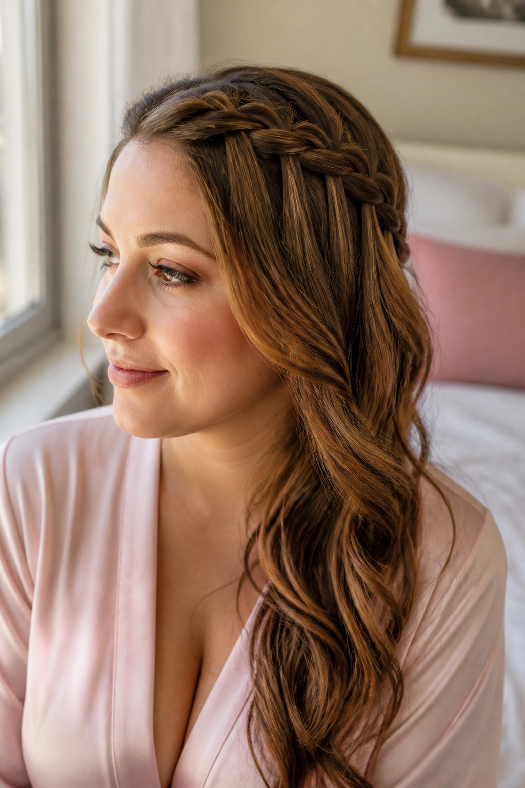 Close-up of a real woman with a waterfall braid falling to one side over her shoulder