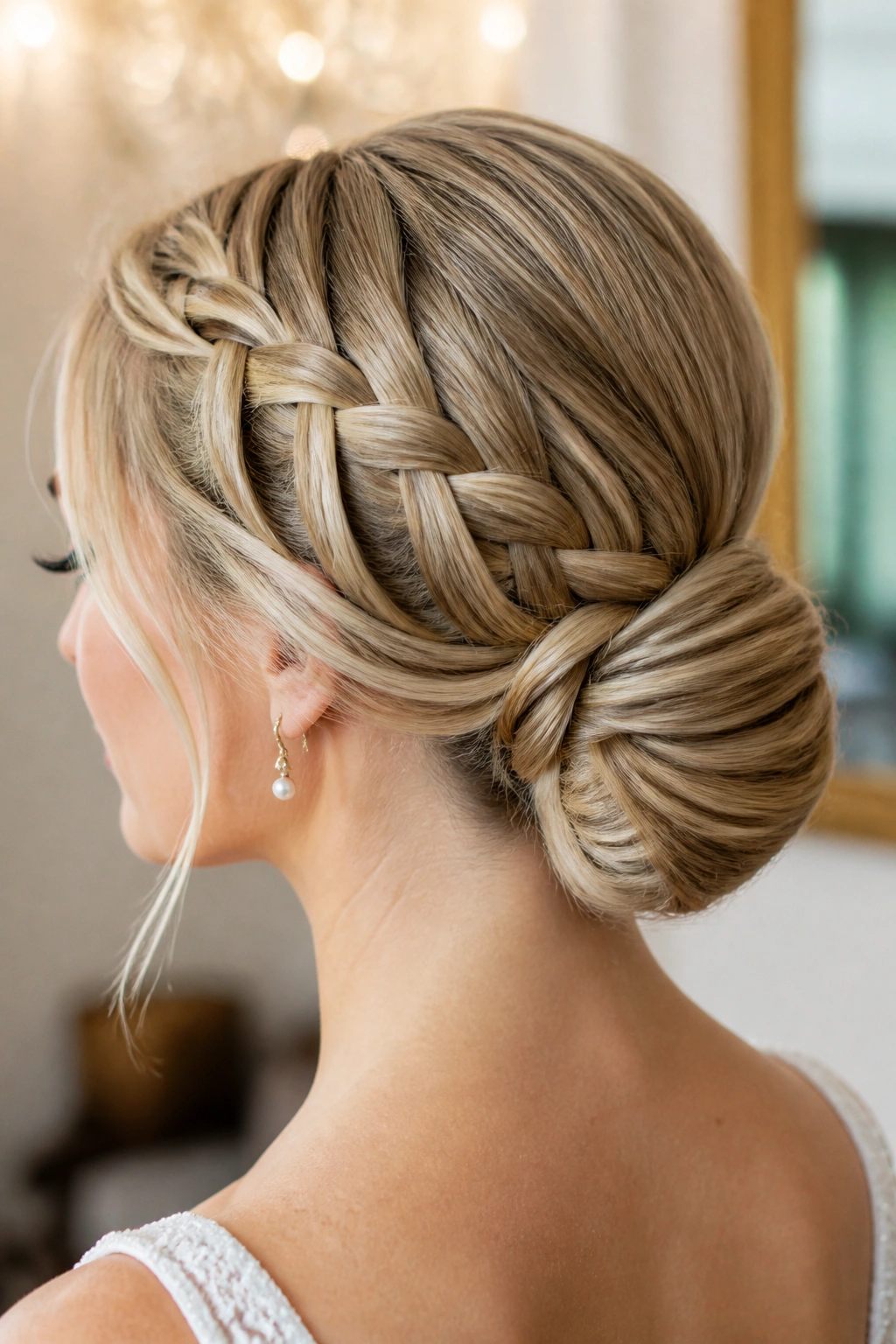 Close-up portrait of a real woman with a waterfall braid leading to a sleek chignon at the nape