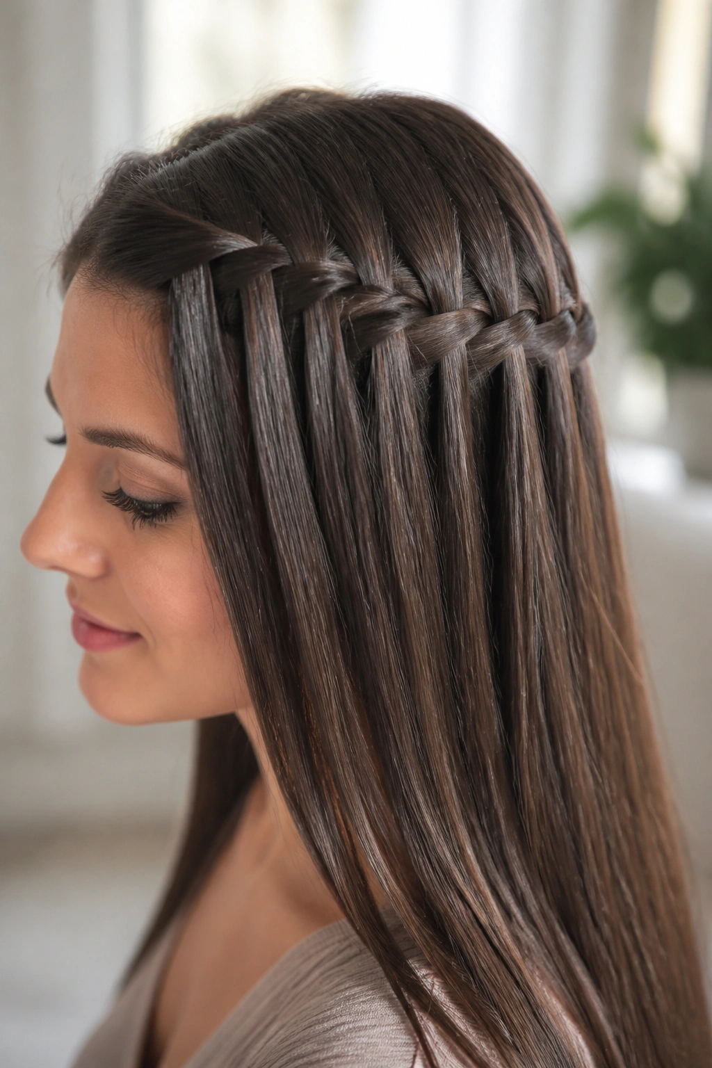 Portrait of a real woman wearing a waterfall braid on sleek hair.