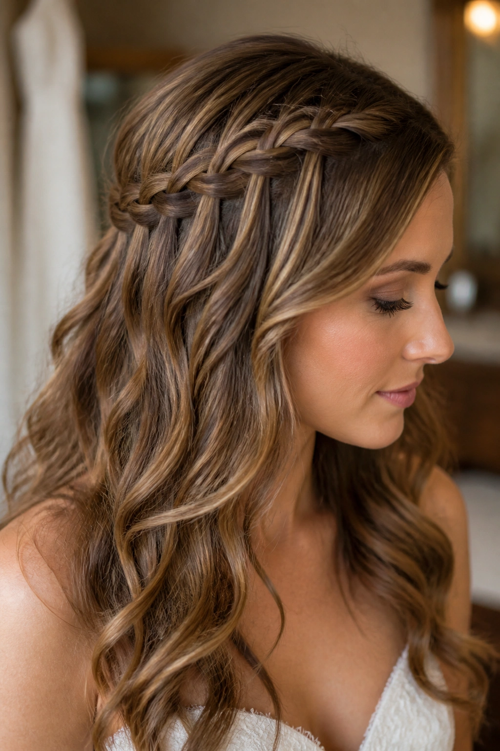Real bride with a waterfall braid over soft waves