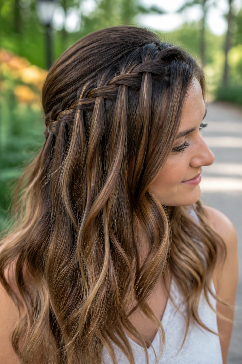 Portrait showing a waterfall braid along the crown with strands flowing down