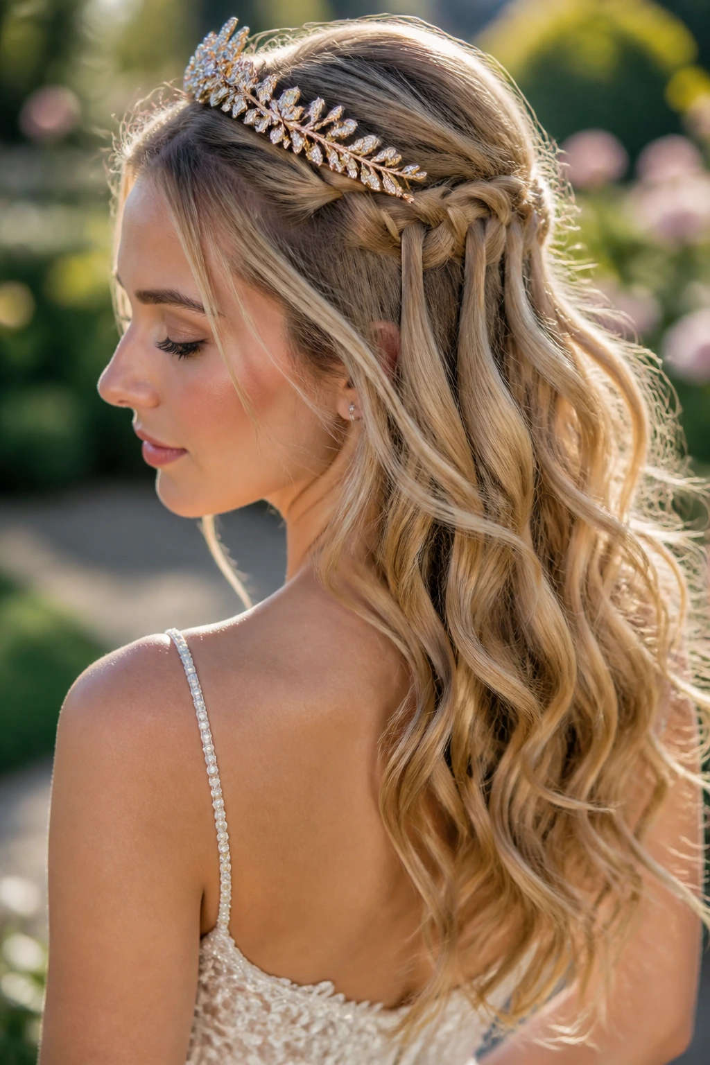 Bride with a loose waterfall braid and romantic tiara in soft outdoor light
