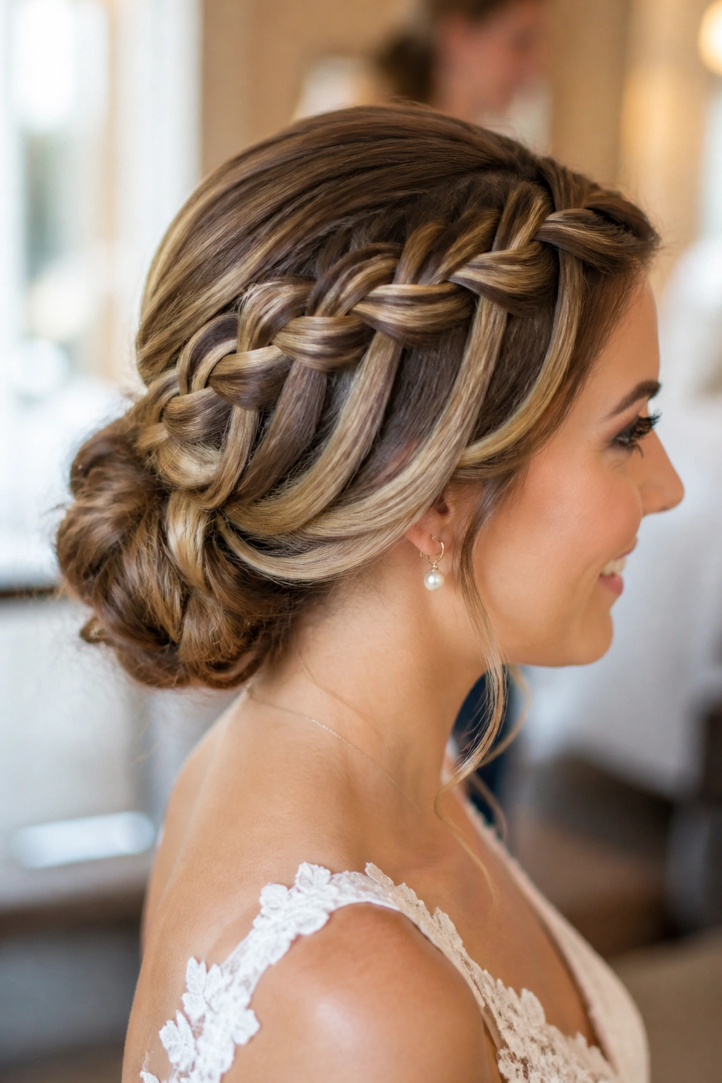 Close-up of a real bride with a waterfall braid flowing into a tucked bun in warm bridal-suite light.
