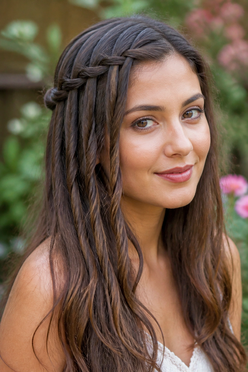 Close-up portrait of a real woman wearing a Waterfall Braid with Twists showing twists along the waterfall
