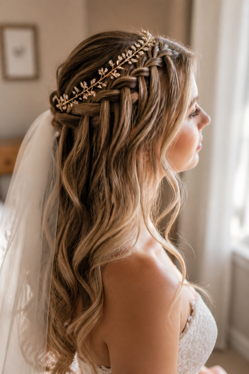 Close-up of a bride's waterfall braid with vine tiara