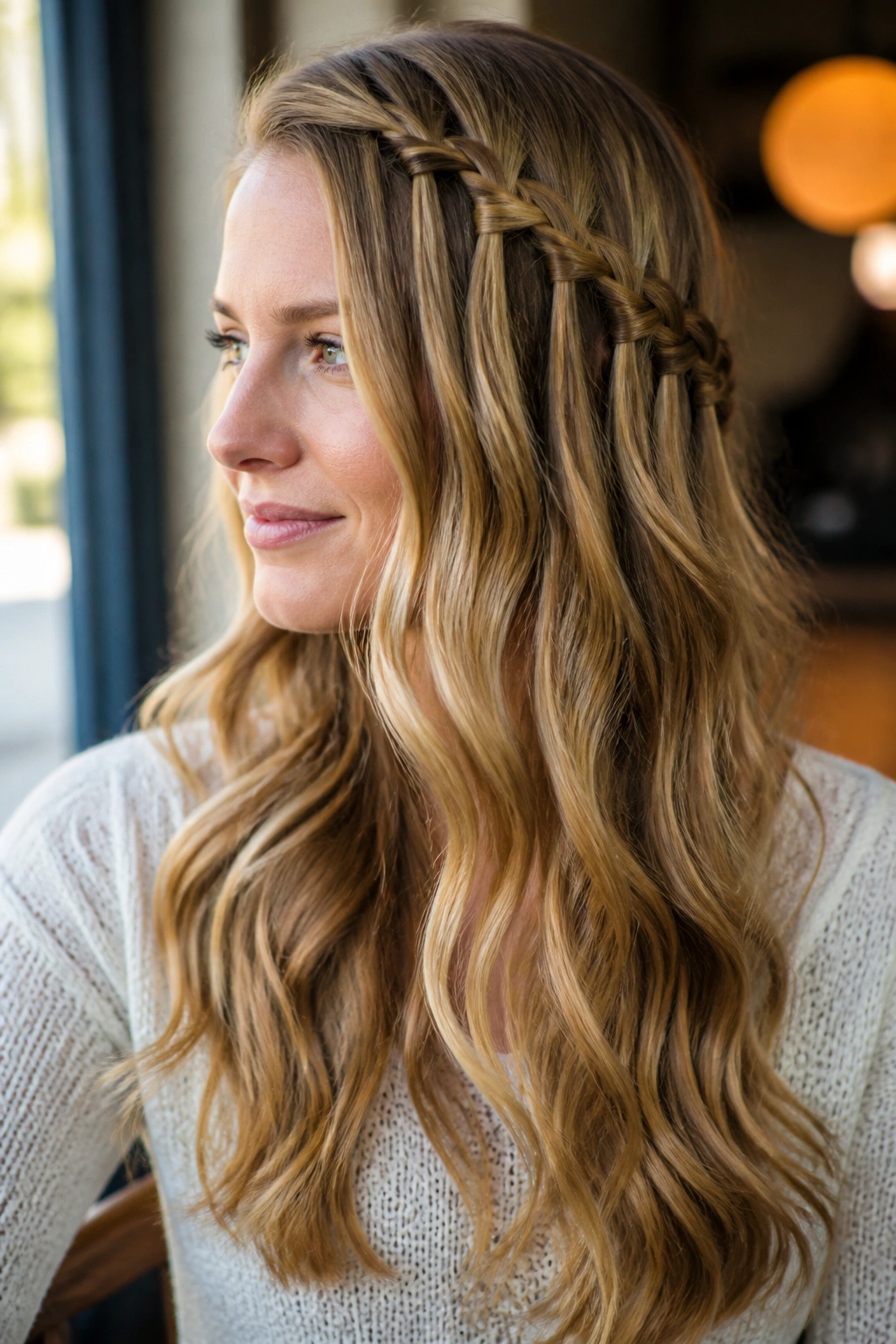 Real woman with a waterfall braid over soft waves on one side