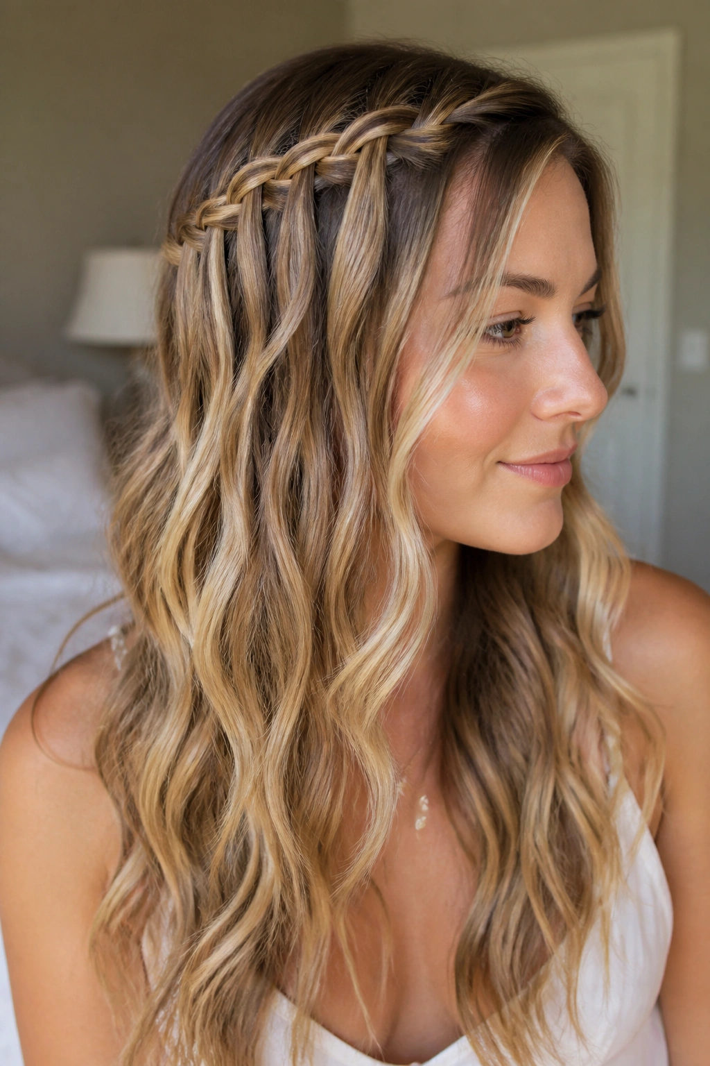 Close-up of a real woman's head showing a waterfall braid across the crown with loose waves underneath