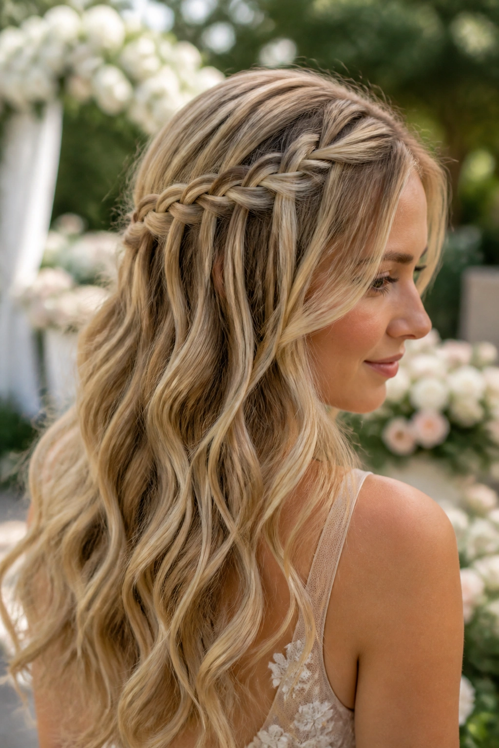 Close-up of real woman with waterfall braid and loose waves in garden wedding setting
