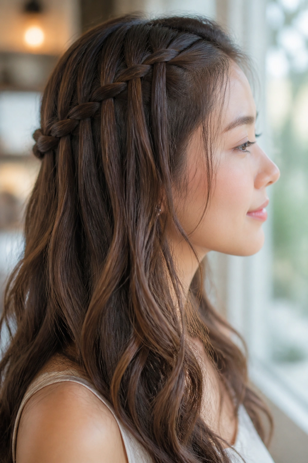 Close-up of a woman with a waterfall braid over soft waves.