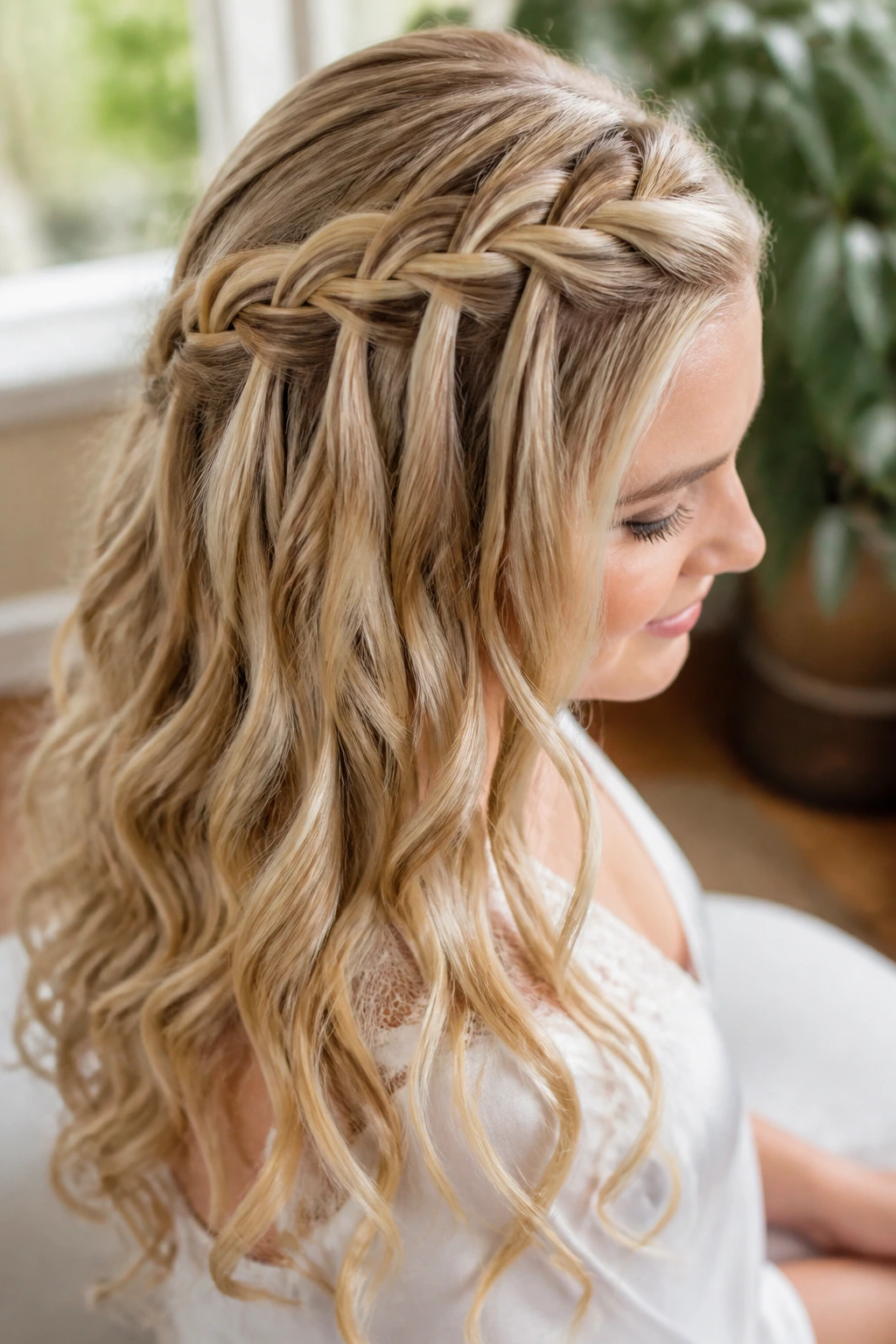 Close-up of a real woman with a waterfall braid and loose waves.