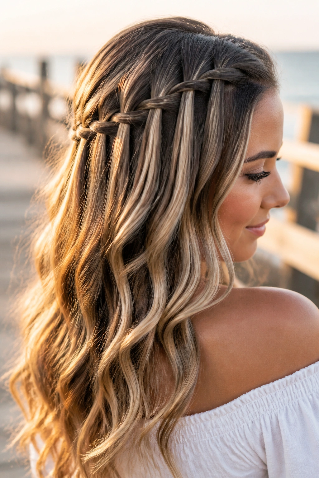 Close-up of a real woman with a waterfall braid and flowing waves