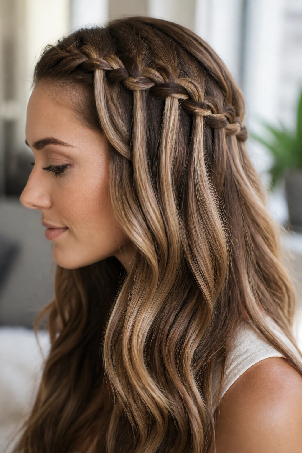 Side-profile of a woman with waterfall braid flowing into loose waves.